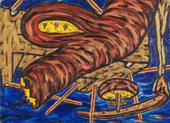 Peter Bömmels, "Vaterform schützt Brut", 1983, Mischtechnik auf Leinwand