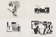Gerd Arntz, Siebdrucke nach frühen Holzschnitten, 1979, Mappe mit 7 Serigrafien auf Bütten