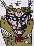 Jonathan Meese, Dietrich v. Bern in Drachenhaut, 1000 Augen des Dr. Mabusen Ihm befehligend im 1. Rittergeschlechtyrn (Vampirritter aus Früchtebrei), 2005, Farbholzschnitt auf Somerset (Wasserzeichen)