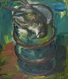 Lubomír Typlt, Vogel auf der Tonne, 2001, Öl auf Leinwand