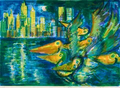 Rainer Fetting, Night of the Pelicans II, 2000, Farblithografie auf Arches (Wasserzeichen)