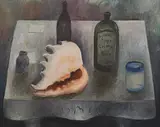 Kurt Mühlenhaupt, Stillleben mit Magenessenz und Muschel, 1983, Öl auf Leinwand