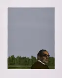 Dieter Asmus, Bildnis Arno Schmidt vor Landschaft, 1972, Farbserigrafie auf Velin