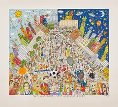James Rizzi, Hop, skip, jump... stop, look and laugh, 1996, Farbserigrafie auf leichtem Karton