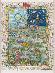 James Rizzi, A Village for the World, 1996, 3D-Druckgrafik auf Velin