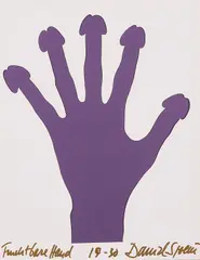 Daniel Spoerri, Fruchtbare Hand, 1970, Scherenschnitt auf lilafarbenem Karton