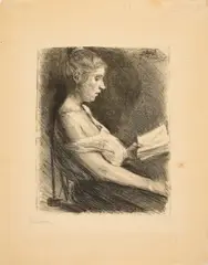 Lesendes Mädchen by Max Liebermann, 1896, Lithografie auf Van Gelder Zonen (Wasserzeichen), sold Oct 2023