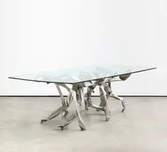 Albert Féraud, Tisch, Tischgestell aus Stahl, Platte aus Glas