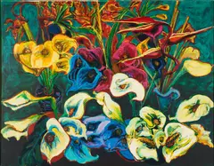 Norbert Tadeusz, Calla, 1990, Öl über Druckgrafik auf mehreren Bögen Velin. Auf Leinwand