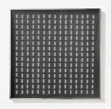 Sérvulo Esmeraldo, Excitable (E7514), 1975, 225 Balsaholzstäbchen frei hängend auf schwarzer Holzplatte montiert. In Aluminiumkastenrahmen mit bearbeiteter Plexiglasscheibe