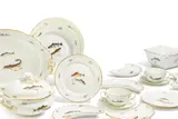 Speiseservice mit Fischdekor für sechs Personen by Nymphenburg, 20. Jh, Porzellan, farbiges Dekor mit Goldrändern, sold Nov 2022