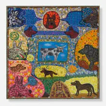 Roy De Forest, The Black Dog Blues, 2000, acrylic on vinyl laid to panel in artist's frame