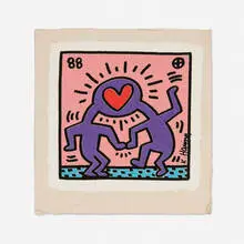 Dr. Winkie wedding invitation by Keith Haring, 1988, screenprint in colors on canvas, sold Jul 2023
