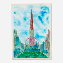 Eugene Von Bruenchenhein, Blue Canyon with Tower and Arch / A Stone and Steel Complex, 1978, oil on cardboard