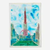 Eugene Von Bruenchenhein, Blue Canyon with Tower and Arch / A Stone and Steel Complex, 1978, oil on cardboard