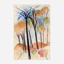 Trees in Autumn by Gershon Benjamin, 1949, watercolor on paper, sold Apr 2023