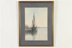 B.E. Perrie, Docked Sailboat, Watercolor on paper