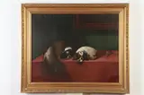 Pair King Charles Spaniels Reclining by Plumed Hat on Table by English School, Oil on canvas, sold Feb 2021