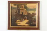 Fishermen Repairing Nets by Tower at Riverbank by Continental School, Oil on board, sold Feb 2021