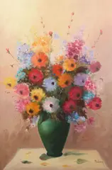 Medway, Flowers in Green Vase, Oil on canvas