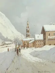 Ettore Gianni, Village in Snow, Gouache