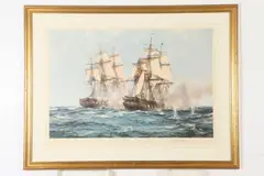 Montague Dawson, The Action Between Java and Constitution 1812, Colored print on paper with blindstamp