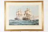 Montague Dawson, The Action Between Java and Constitution 1812, Colored print on paper with blindstamp