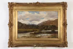 J. Wells, River Through Mountainous Landscape, Oil on canvas