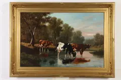 Thomas Craig, Cows Drinking from Stream, Oil on canvas. 20 in. x 30 in