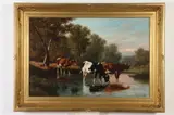 Thomas Craig, Cows Drinking from Stream, Oil on canvas. 20 in. x 30 in