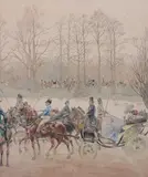 French School, Carriage Ride Through the Park, CARRIAGE RIDE THROUGH THE PARK, watercolor and ink