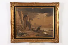Luis Betheien, Ships Along Coast, Watercolor with chalk in "as is" condition