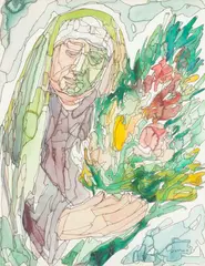 Chaim Goldberg, Woman with Bouquet, Watercolor