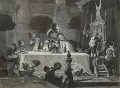 Victor Nehlig, Dinner Commotion, Ink and gouache on paper.