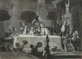 Victor Nehlig, Dinner Commotion, Ink and gouache on paper.