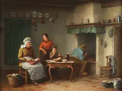 Leendert Koningh II, Kitchen Interior with Family Reading by a Hearth, KITCHEN INTERIOR WITH FAMILY READING BY A HEARTH, oil on panel