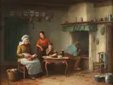 Leendert Koningh II, Kitchen Interior with Family Reading by a Hearth, KITCHEN INTERIOR WITH FAMILY READING BY A HEARTH, oil on panel