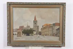 Jindřich Procházka, Street Scene with Church, Oil on canvas