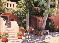 B. Hinson, Sunlit Patio, Oil on canvas