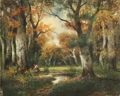 H. Kolbe, Figure Kneeling by Stream, Oil on canvas laid on board