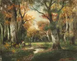 H. Kolbe, Figure Kneeling by Stream, Oil on canvas laid on board