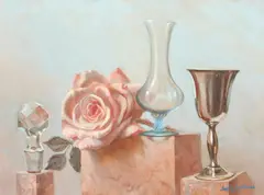 Guy Steele Fairlamb, TWO STILL LIFES: Apples in Green Goblet and Pink Rose with Silver Goblet Etc, Oil on board
