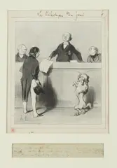 Honoré Daumier, LES PHILANTROPES DU JOUR, inscription: "Monsieur, vous etes recu, votre caniche et vous, membres de la Societe do Sauvetage Universel, Voici votre brevet, c'est soixante francs, mais ensuite vous n'aurez plus a me payer que cinquante-cinq francs par an." Lithograph