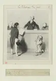 Honoré Daumier, LES PHILANTROPES DU JOUR, inscription: "Monsieur, vous etes recu, votre caniche et vous, membres de la Societe do Sauvetage Universel, Voici votre brevet, c'est soixante francs, mais ensuite vous n'aurez plus a me payer que cinquante-cinq francs par an." Lithograph