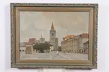 Jindřich Procházka, Street Scene with Church, Oil on canvas
