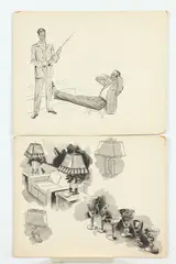 Paul Winchell, TWO MEN WITH FISHING POLE and ROOM INTERIOR: TWO WORKS, one identified verso, Pen and ink on board