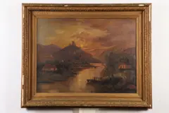 Town Along Mountain River by Continental School, TOWN ALONG MOUNTAIN RIVER, oil on canvas, sold Jun 2021