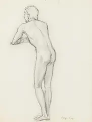 Allyn Cox, Male Nude Study for Observer Leaning on Rail, Charcoal on paper