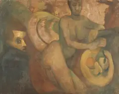 Latin American School, PORTRAIT OF RECLINING FEMALE NUDE WITH FRUIT, (for restoration)> oil on canvas, PORTRAIT OF RECLINING FEMALE NUDE WITH FRUIT, (for restoration)> oil on canvas