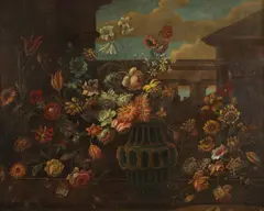 Mario Nuzzi, Still Life of Flowers in a Classical Landscape, STILL LIFE OF FLOWERS IN A CLASSICAL LANDSCAPE, oil on canvas laid on panel
